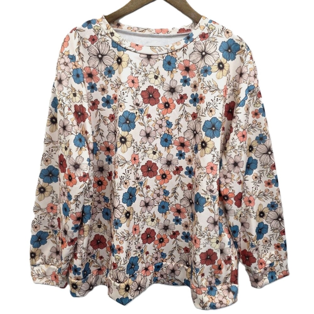 Womens 2X Multicolor Floral Blouse Long Sleeve Crew Neck Lightweight Top Plus